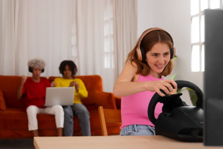 front-view-friends-playing-videogame